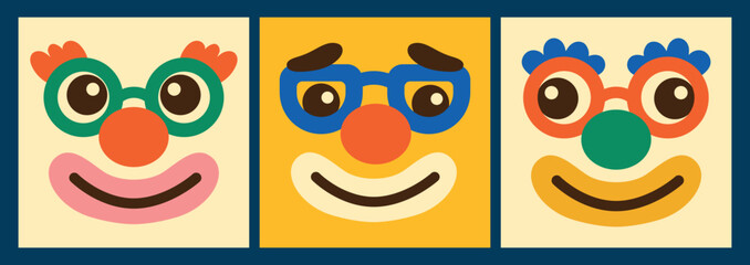 Funny clown face set. Square colorful faces in clown glasses. Vector illustration for circus design