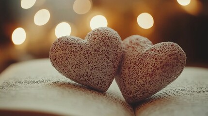 Obraz premium Two hearts on open book with bokeh lights.