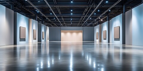 Modern exhibition hall with modular lighting, polished concrete floors, and neutral walls. Ideal for trade shows and expos.