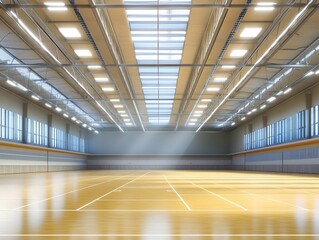 Fototapeta premium Spacious sports hall with cushioned flooring, bright lighting, and high ceilings. Designed for group games and athletic events.