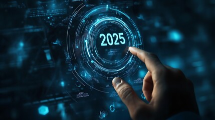 A businessman touches a virtual screen with a target 2025 text