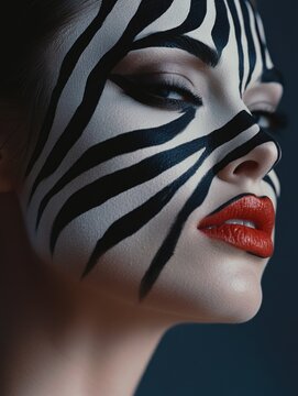 Woman with zebra face paint