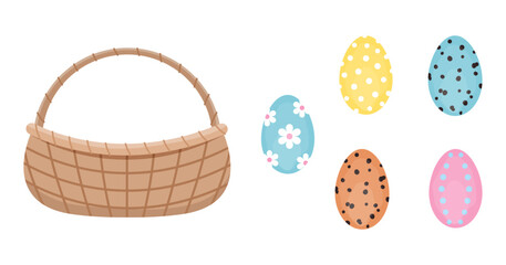 Easter set isolated on transparent and white background. Wicker brown basket and painted Easter eggs with a pattern. Close-up elements for decorating design of cards and backgrounds. Vector.