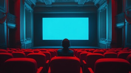 Fototapeta premium People in the cinema auditorium with Cinema blank wide screen and red chairs in the cinema hall,People silhouettes watching movie performance,empty white screen,space for text,copy space.