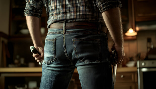 Man with knife behind his back and victim indoors, closeup. Dangerous criminal