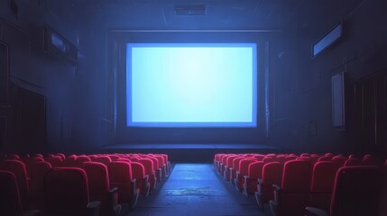 Obraz premium People in the cinema auditorium with Cinema blank wide screen and red chairs in the cinema hall,People silhouettes watching movie performance,empty white screen,space for text,copy space.