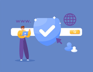 illustration of user with shield. concept of browser and search security. protection while browsing and accessing websites. cyberspace and internet. user safety and prevention. flat style design