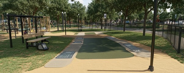 Park pathway near playground, sunny day.  Background trees & houses.  Recreation design