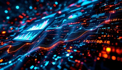 Big data visualization. Machine learning algorithms.Technology data binary code network conveying connectivity, complexity and data flood of modern digital age, generated with ai