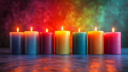 A row of seven lighted cylindrical candles of different colors on a blurred colorful background.