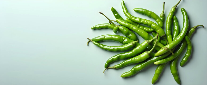 Pimientos verdes picantes separados entre s&iacute; y en una mesa verde. Espacio para texto