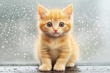 A curious ginger kitten standing near the window, looking at the rain with wide eyes, droplets on the glass adding to the peaceful moment.

