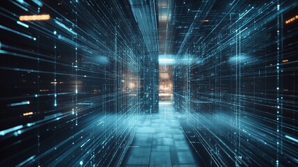 Abstract digital and technology background with lights in a server room