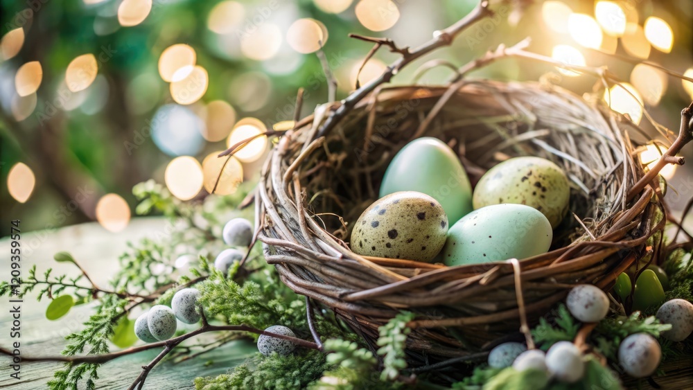 Poster Easter eggs in a nest on a festive background with bokeh lights