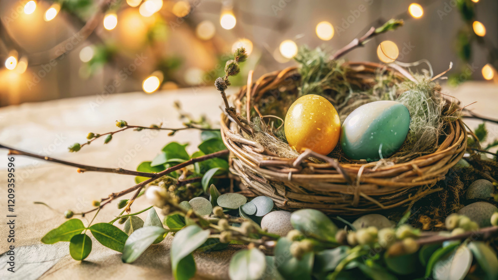 Poster Easter eggs in a nest on a festive background with bokeh lights