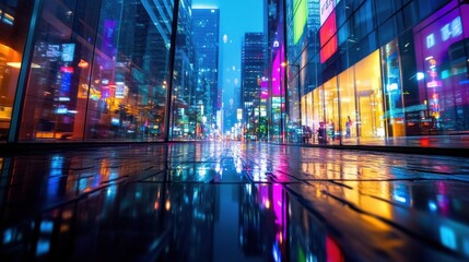 Obraz premium A vibrant cityscape reflecting colorful lights on a rainy night.