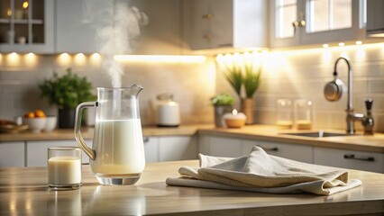 Warm Kitchen Scene with Steaming Milk in a Glass Pitcher and a Glass of Milk on a Wooden Table