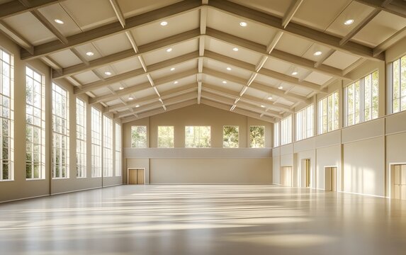 Bright assembly hall with high ceilings, wide open space, and neutral walls. Ideal for formal gatherings or presentations.