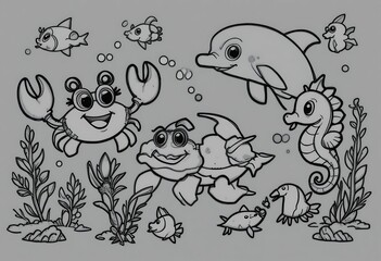 Fototapeta premium Adorable Ocean Critters Cartoon Illustration Grey Background