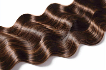 Close-up of shiny brown hair with gentle, flowing waves that display a radiant and healthy sheen. Beauty, grooming, or haircare themes, elegance and high-quality hair products. Hair extensions