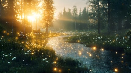 Obraz premium Glowing Mystical Valley with Sparkling Rivers at Sunset Surrounded by Lush Greenery and Flowers