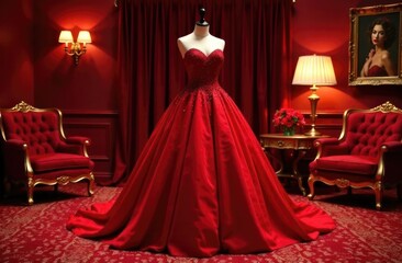 Obraz premium A stunning red ball gown is showcased in an opulent room filled with rich fabrics and vintage furnishings