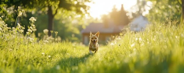 Dog playtime routines concept A playful dog running through a sunlit grassy field.