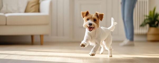 Dog playtime routines concept Happy dog running indoors with sunlight streaming through the window.