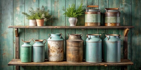 Obraz premium Rustic Farmhouse Decor A Collection of Vintage Metal Milk Cans and Earthenware Planters on Weathered Wooden Shelves