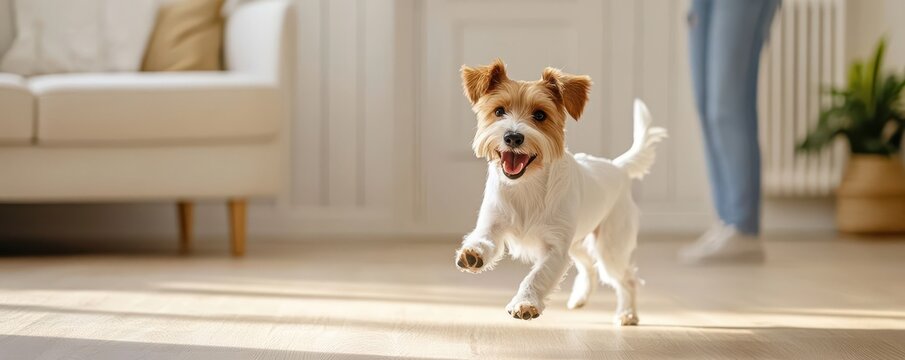 Dog playtime routines concept Happy dog running indoors with sunlight streaming through the window.
