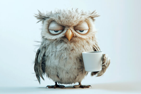 Sleepy tired, grumpy owl with wild feathers, holding a coffee cup, embodying the need for hot coffee or a caffeine and a humorous take on sleepiness. I hate Mondays concept - Powered by Adobe