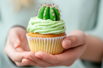 Decorative cupcake with cactus in a hand full of detail and color. Diet, high sugar products, diabetes, sweets and fast food concept