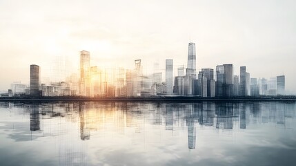 Fototapeta premium Modern City Skyline Reflected in Calm Water
