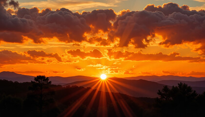 Naklejka premium Sunrise glow over mountains with silhouettes, spring equinox beauty