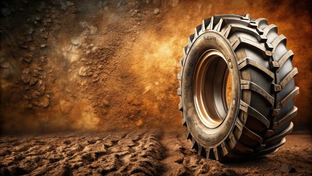 A sturdy, robust agricultural tire rests on parched earth against a textured backdrop, conveying resilience and strength