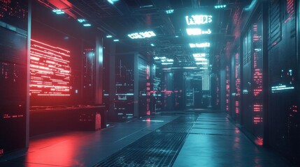 Neon Glowing Data Center Corridor: Cyberpunk Server Room with Futuristic Tech