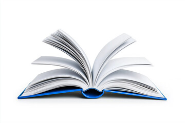 Open book with white pages and blue cover isolated on clean white background. Educational and...