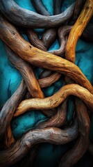 A vibrant composition of intertwined branches, showcasing a blend of earthy tones against a striking blue background.