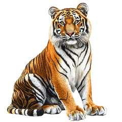 Obraz premium Majestic Tiger Sitting on White Background Showing Powerful Presence
