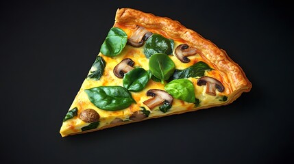 Golden Slice of Quiche with Fresh Spinach and Mushrooms on a Dark Background