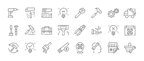 Line art icons of tools and equipment for construction and repair work. Vector icon