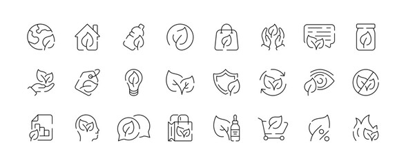 Eco-friendly line icons: sustainability, recycling, and nature symbols collection. Vector icon