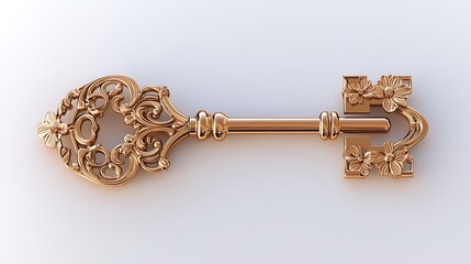 e Rose gold key with intricate floral engravings, isolated on a pristine white background