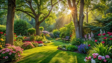 Fototapeta premium Serene Garden Path at Sunrise Lush Greenery, Blooming Flowers, and a Peaceful Bench