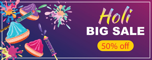 Obraz premium Festive Holi banner featuring colorful Pichkari splashes, vibrant powders, and Holi Sale text, perfect for promotions