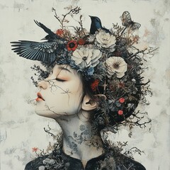 Serene Woman with Floral Crown and Birds: A Dreamy Portrait