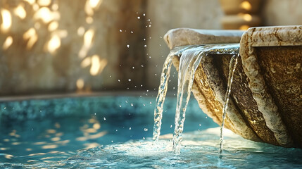 Baptismal Water Cascades Over Carved Stone Basin in Warm Light. Feast of the Baptism of the Lord