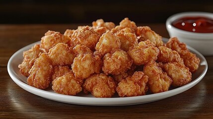  "Crispy Chicken Nuggets with Ketchup on Wooden Table: A Tempting Dark Background Delight"