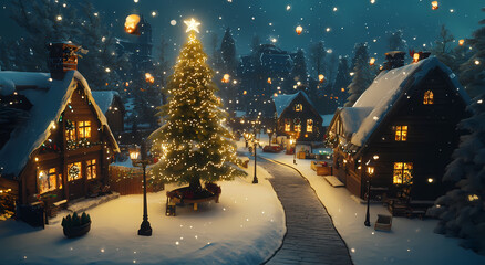 Fototapeta premium A Christmas tree stands in the center of a cozy village, surrounded by wooden houses decorated for the holiday season