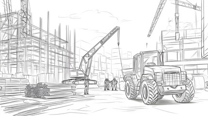 Obraz premium Construction Site Sketch Showing Workers and Heavy Machinery